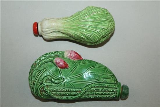 Two Chinese moulded porcelain leaf shaped snuff bottles, late 19th / early 20th century, 6.7cm